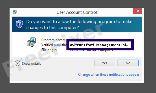 Screenshot where Avitzur Efrati  Management Initiatives Ltd appears as the verified publisher in the UAC dialog